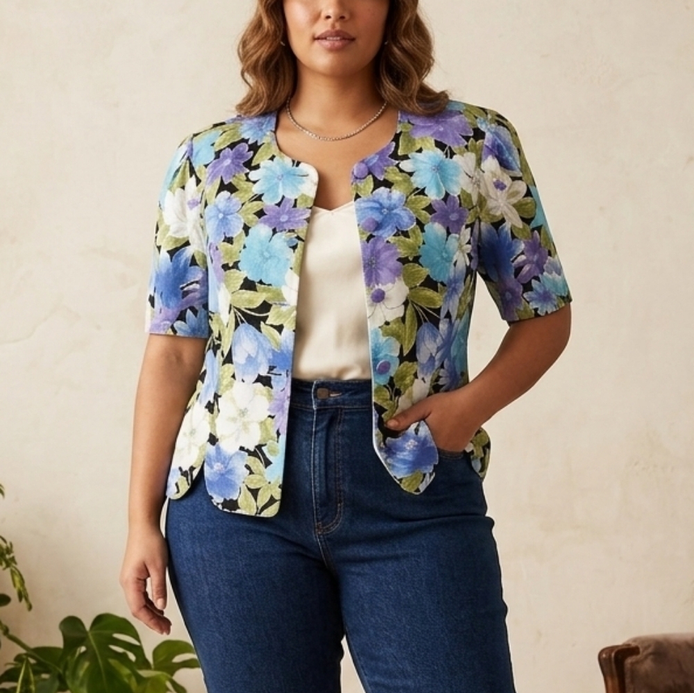 Vintage Cleo Petites Blue Floral Button Front Blouse Women’s Size 10 Rayon Top